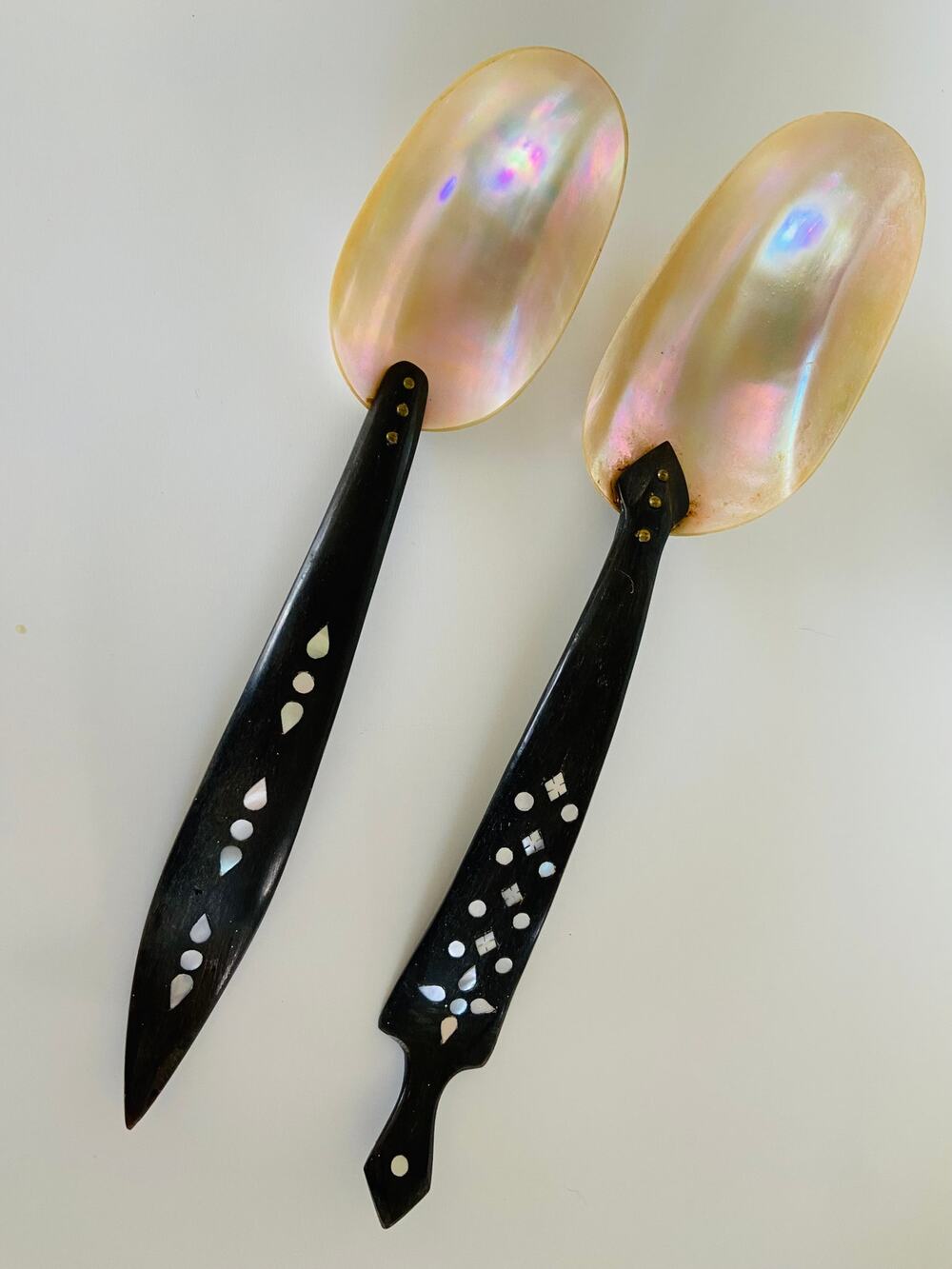 Vintage Mother of Pearl Abalone & Wood Inlay Handmade Serving Spoons Set of 2